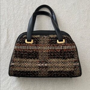 VINTAGE 1960s 1970s Black Brown Woven Tapestry Tweed Handbag Purse